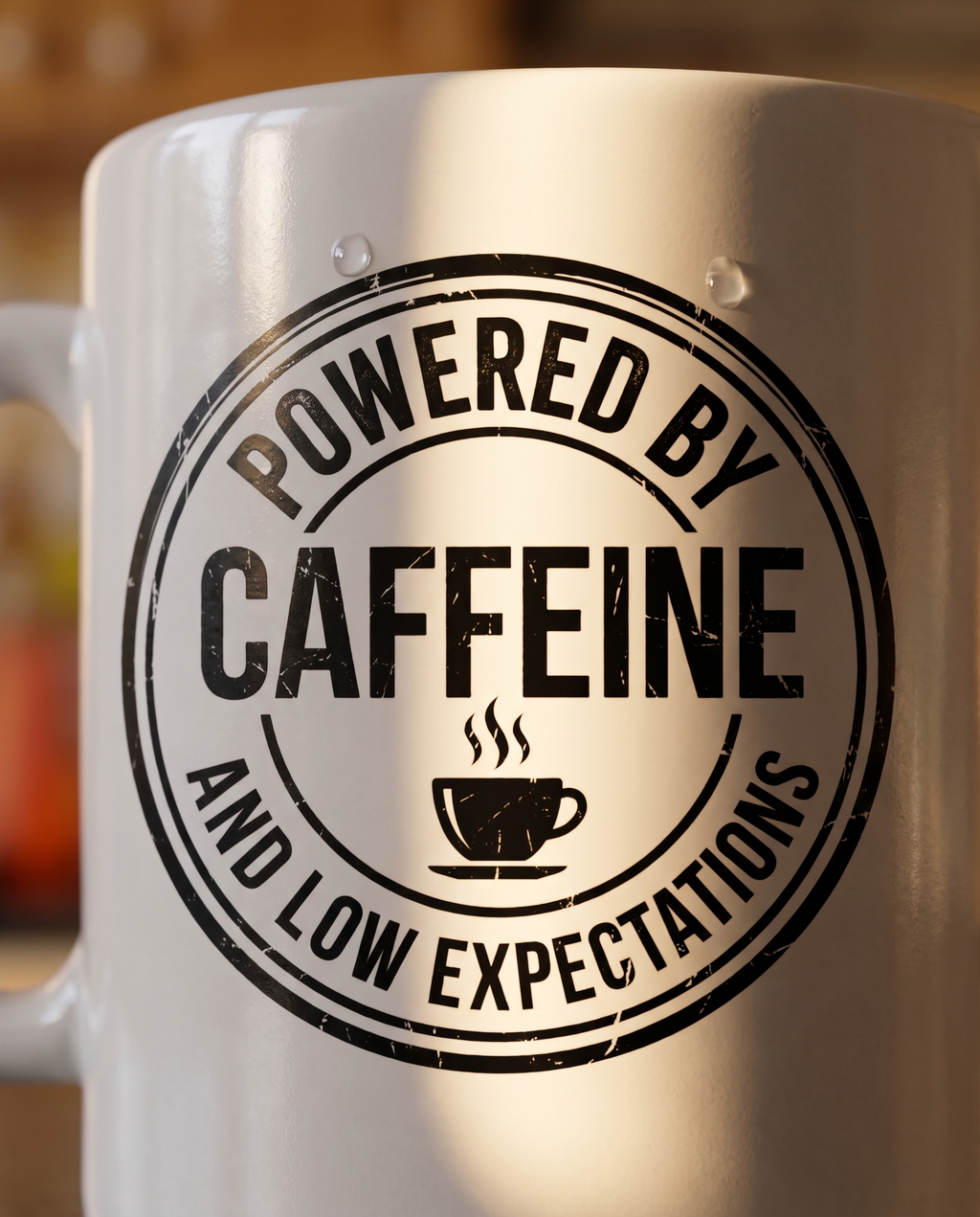Powered by Caffeine and Low Expectations — Mug print detail